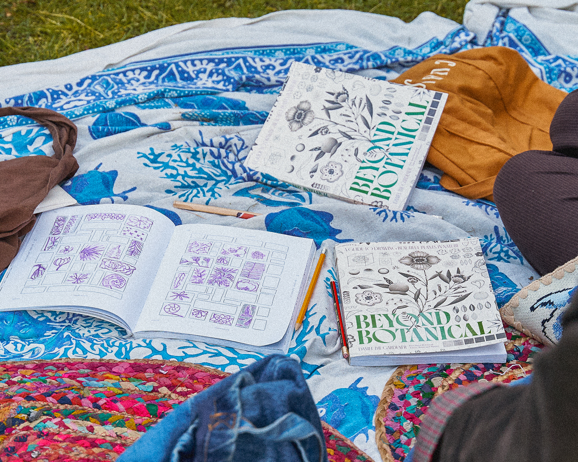 Open copies of Beyond Botanical with coloured drawings and pencils arranged on blankets.