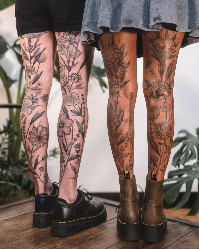 Freehand botanical tattoo across the legs