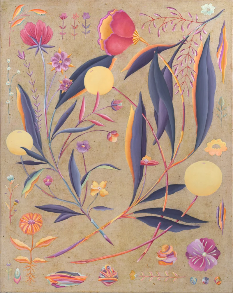 Pink, purple and blue botanical composition with flowers, long leaves and yellow circular forms on dyed linen