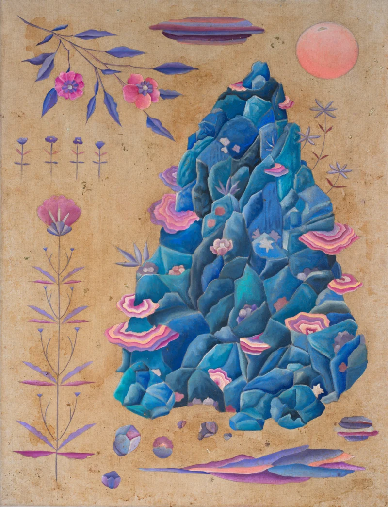 Blue rocky botanical landscape with pink growths and surrounding plant studies on dyed linen