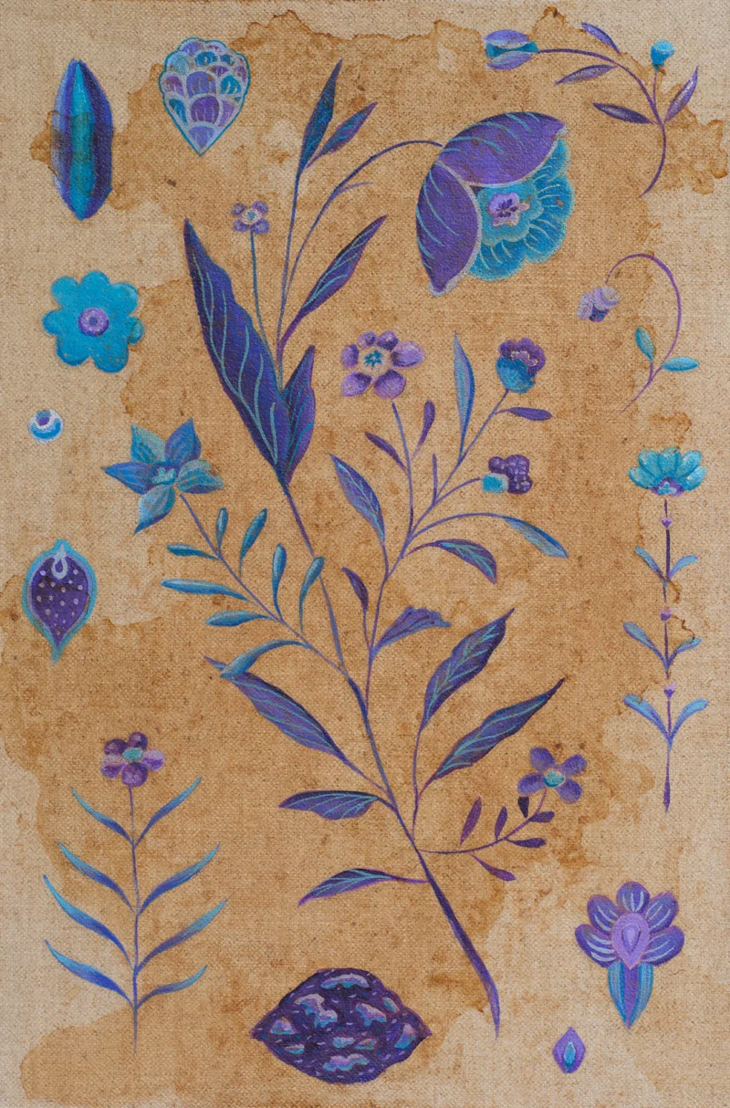 Blue and purple botanical diagram with flowers, leaves and seed-like forms on dyed linen