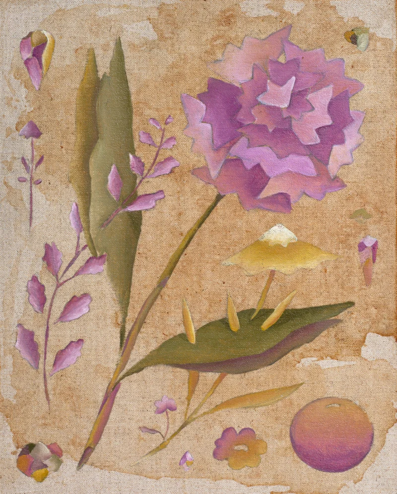 Botanical study with a large purple flower, green leaves and small plant forms on dyed linen